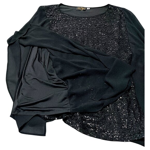 Bob Mackie Top Womens 3X Fits 22W/24W Black Sequin Chiffon Cocktail Lagenlook - Picture 6 of 16
